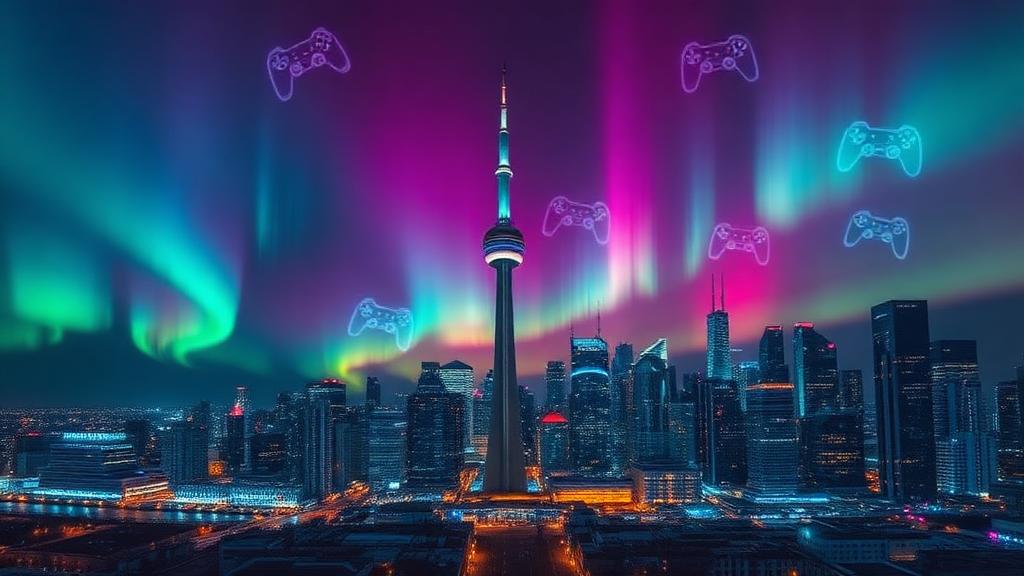 Toronto skyline with northern lights and gaming aesthetics